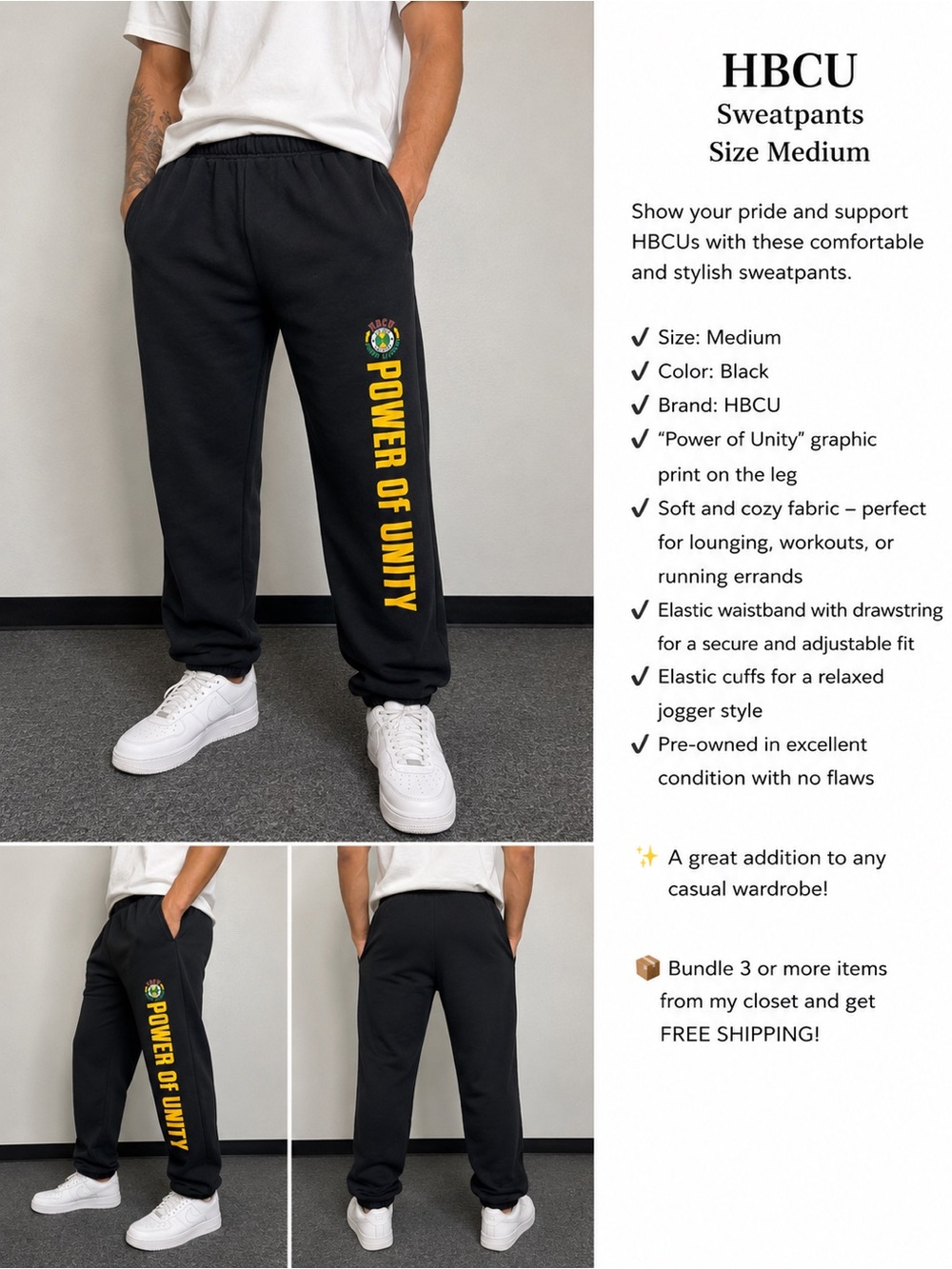 'Power of Unity' Black Sweatpants - Men's Medium